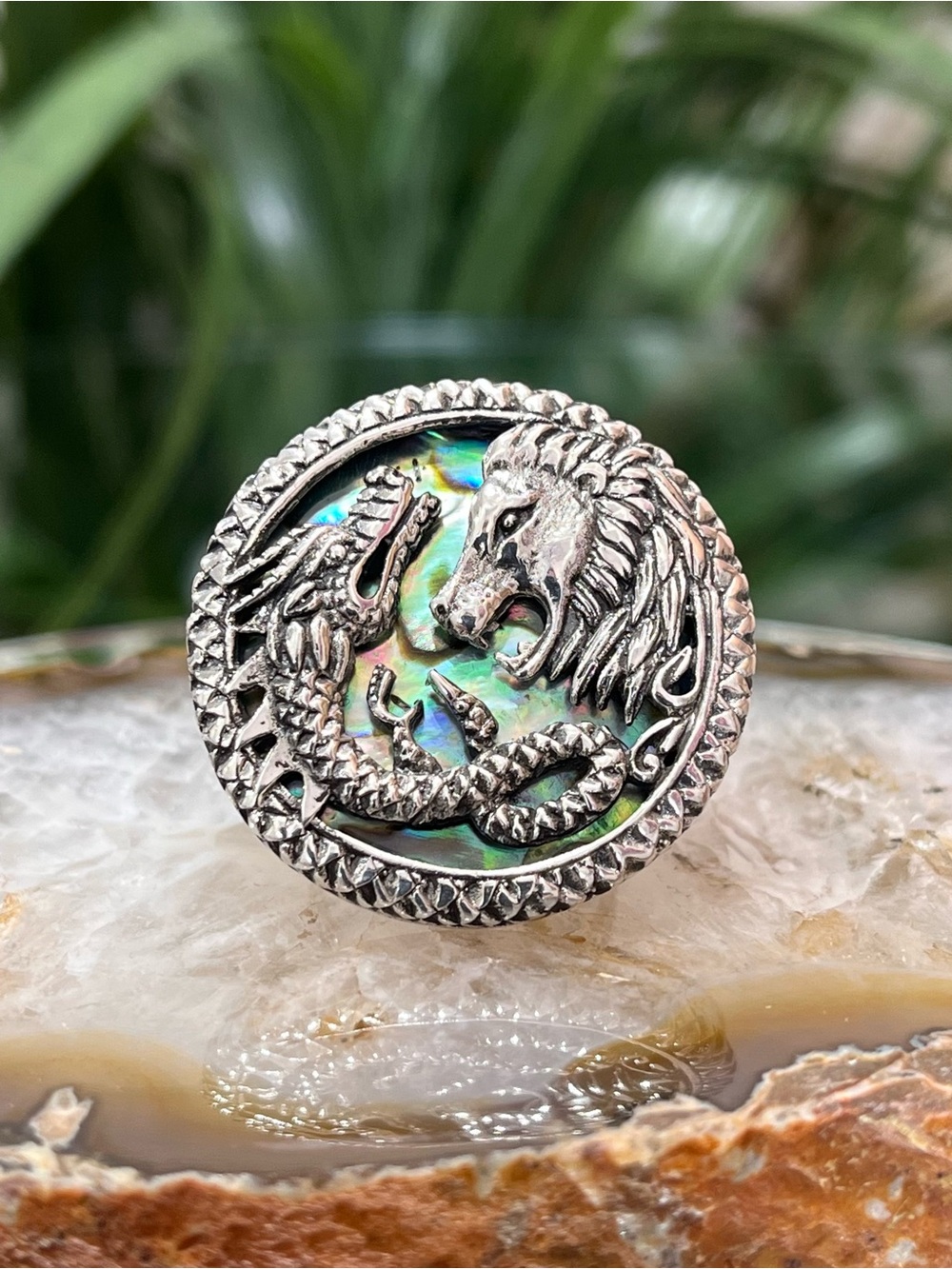 🐉 Abalone Shell Dragon and Lion Ring 🦁 in Sterling Silver Sz.7